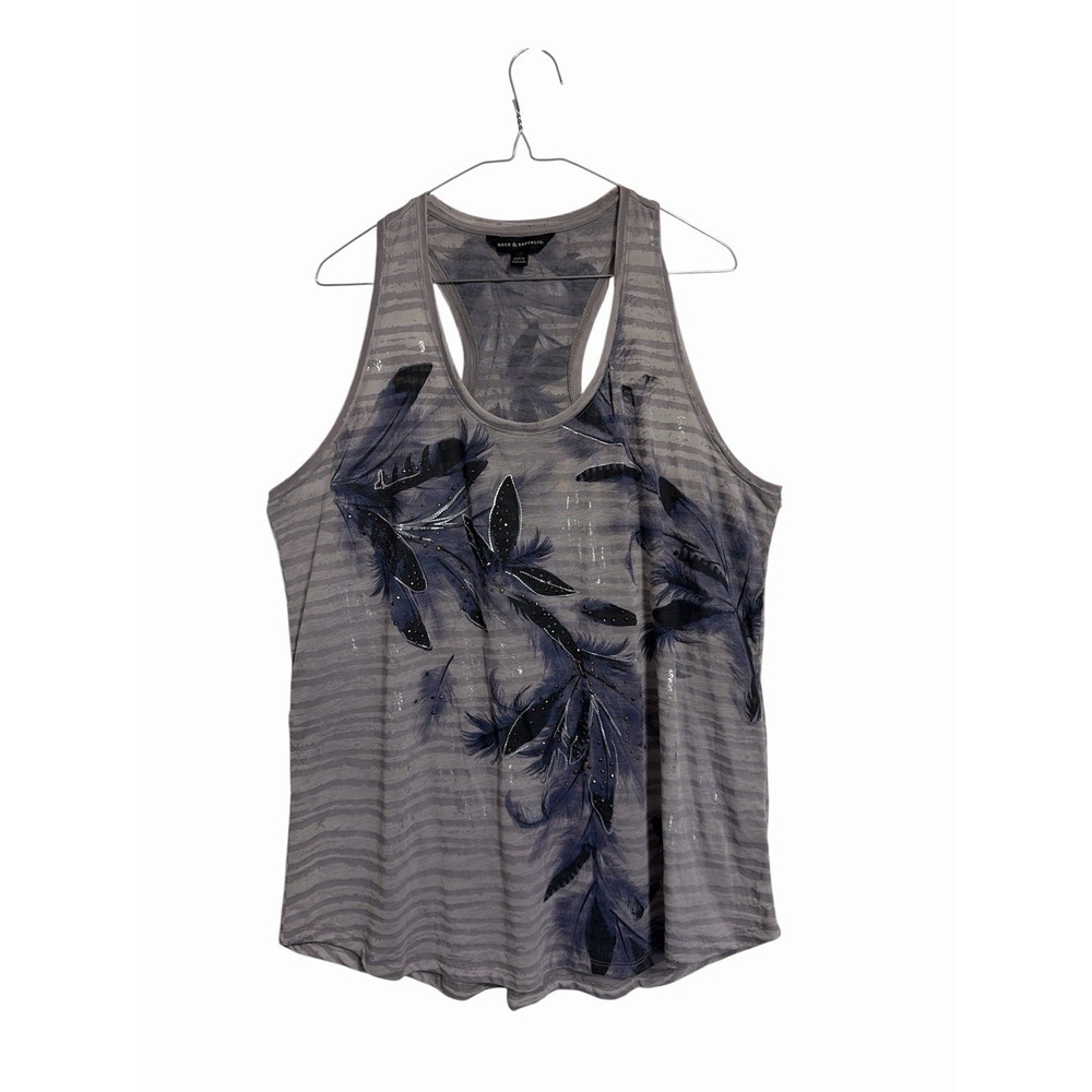 Rock & Republic Womens XL Gray Blue Striped Feather Studded Racerback‎ Tank Top